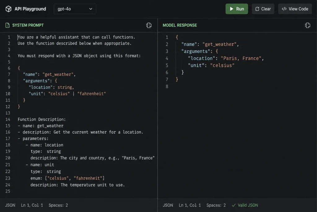 Dark-mode API playground interface displaying a function-calling system prompt with a JSON schema alongside the AI model's matching JSON response using syntax highlighting.