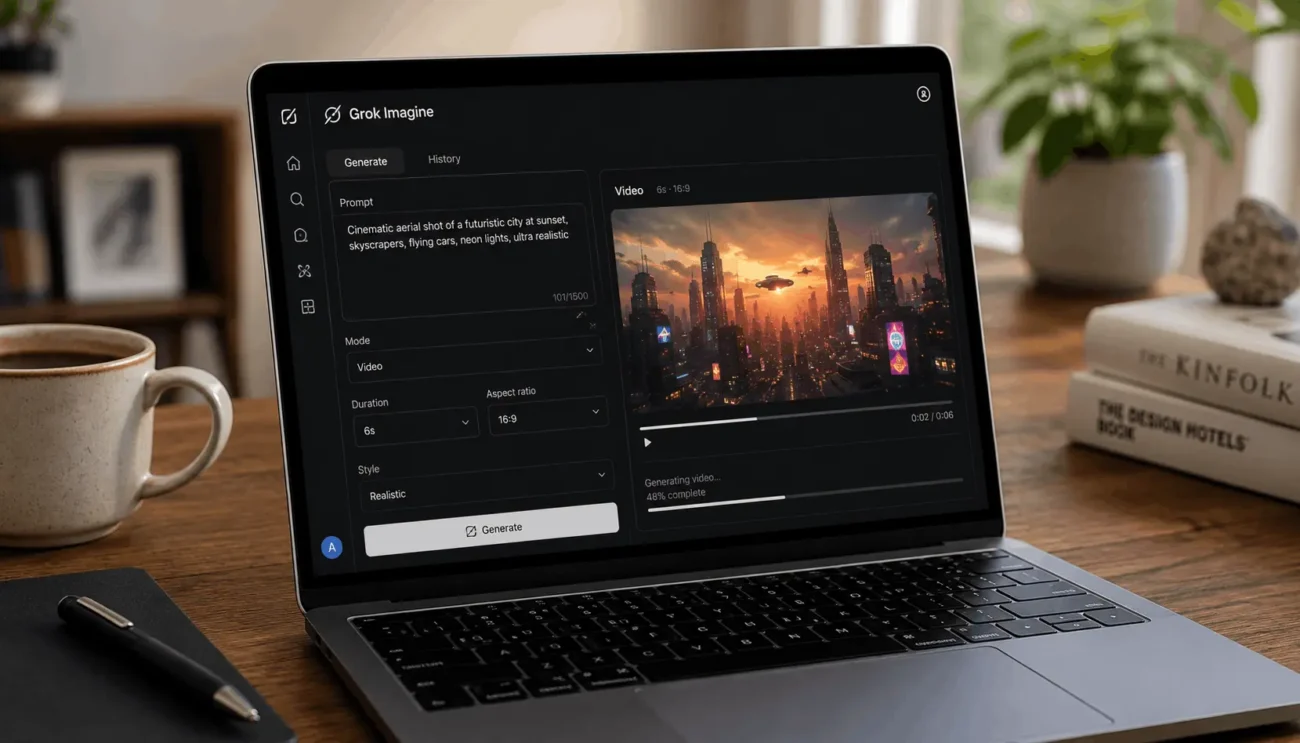 Grok AI video generation capabilities 2026 shown on a laptop screen during a video creation session