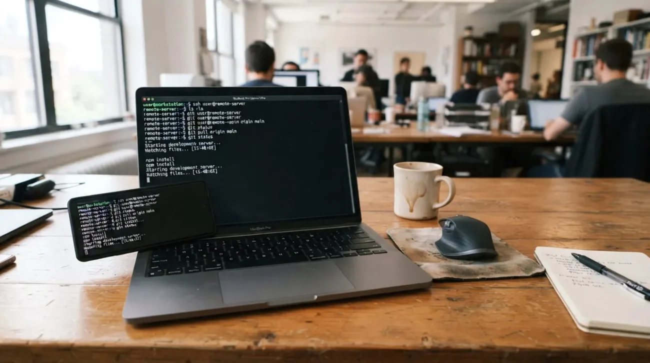 Developer using Claude Code Remote Control to check a coding session from a phone next to a laptop