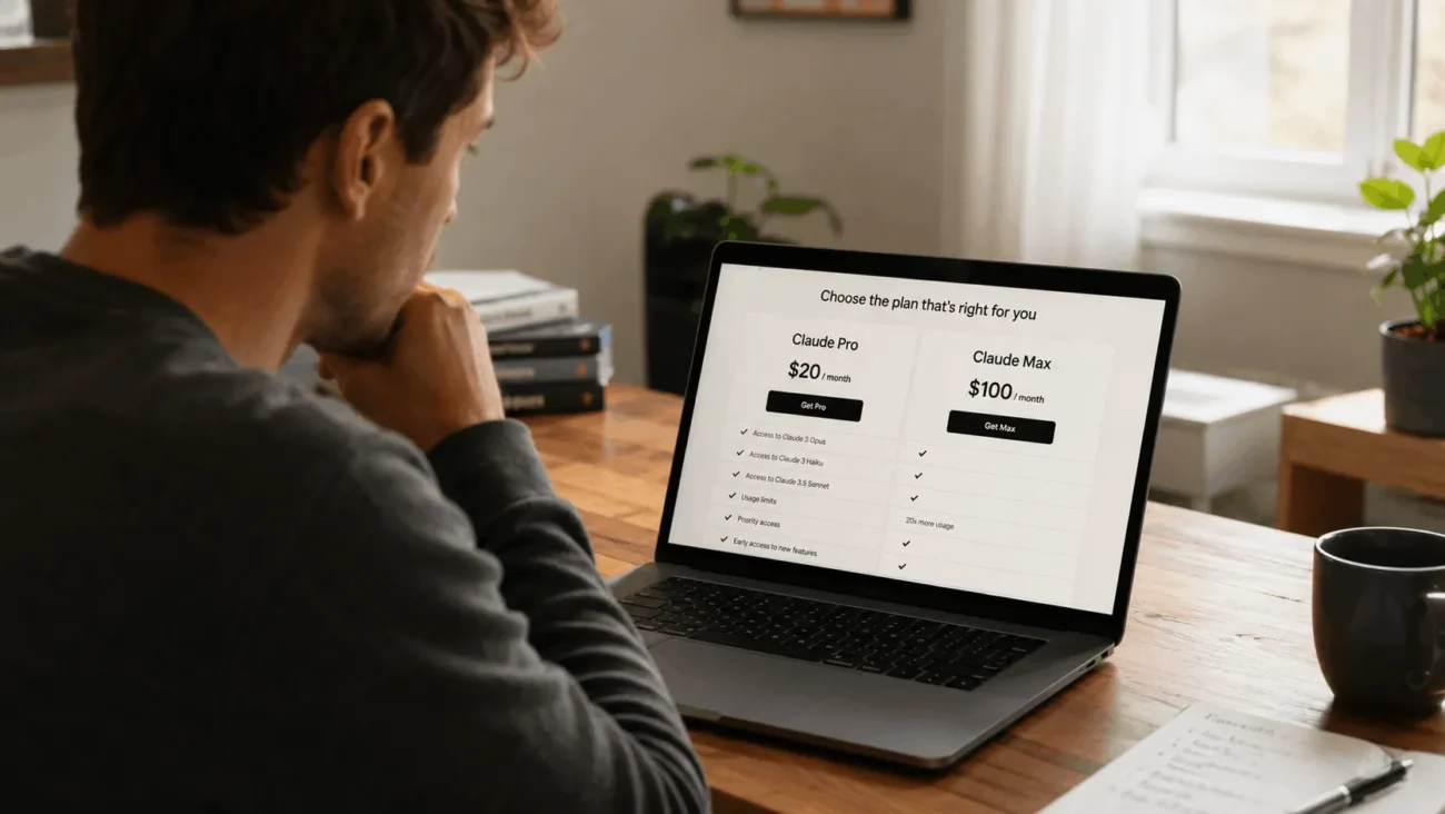 Person comparing Claude Pro vs Max pricing plans on a laptop