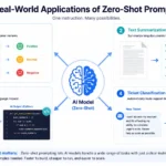 Examples of zero-shot prompting used for text summarization, coding, sentiment analysis, and support ticket classification.