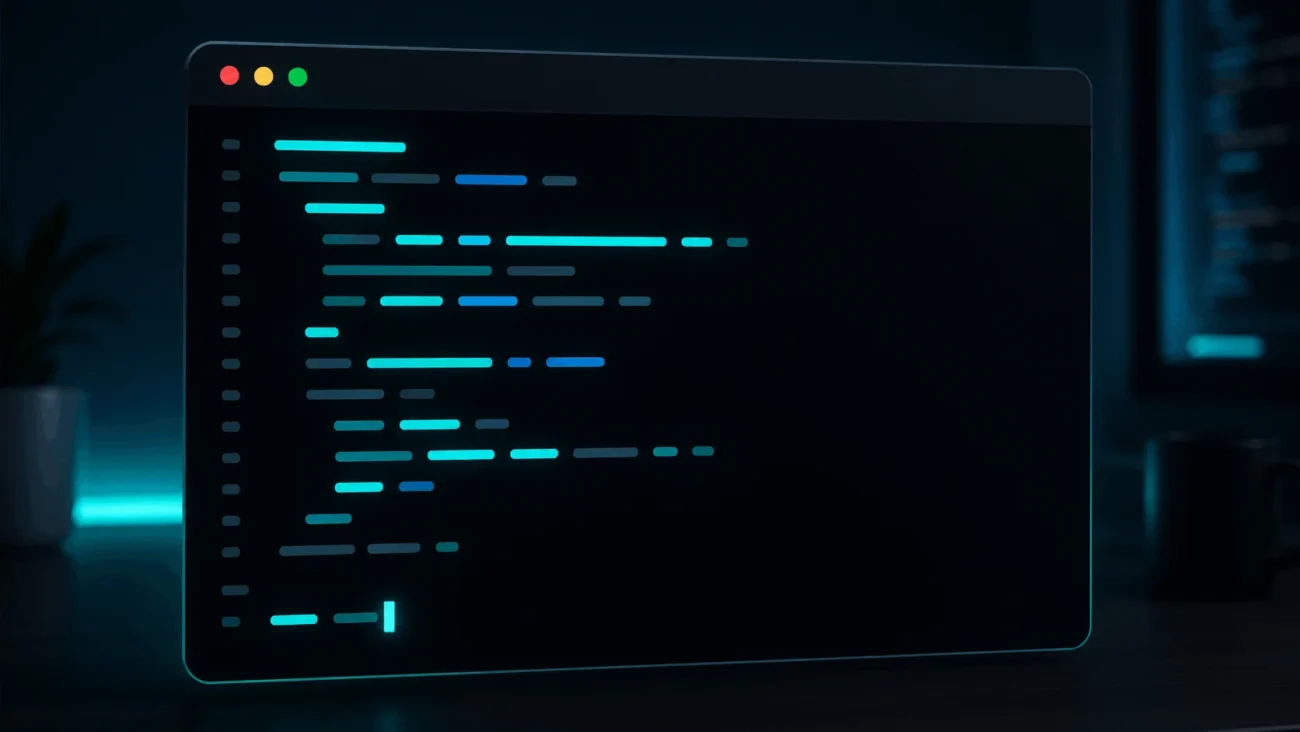 Close-up illustration of a dark-mode terminal window displaying abstract glowing code-like lines with a blinking cursor and a blurred modern desk background.