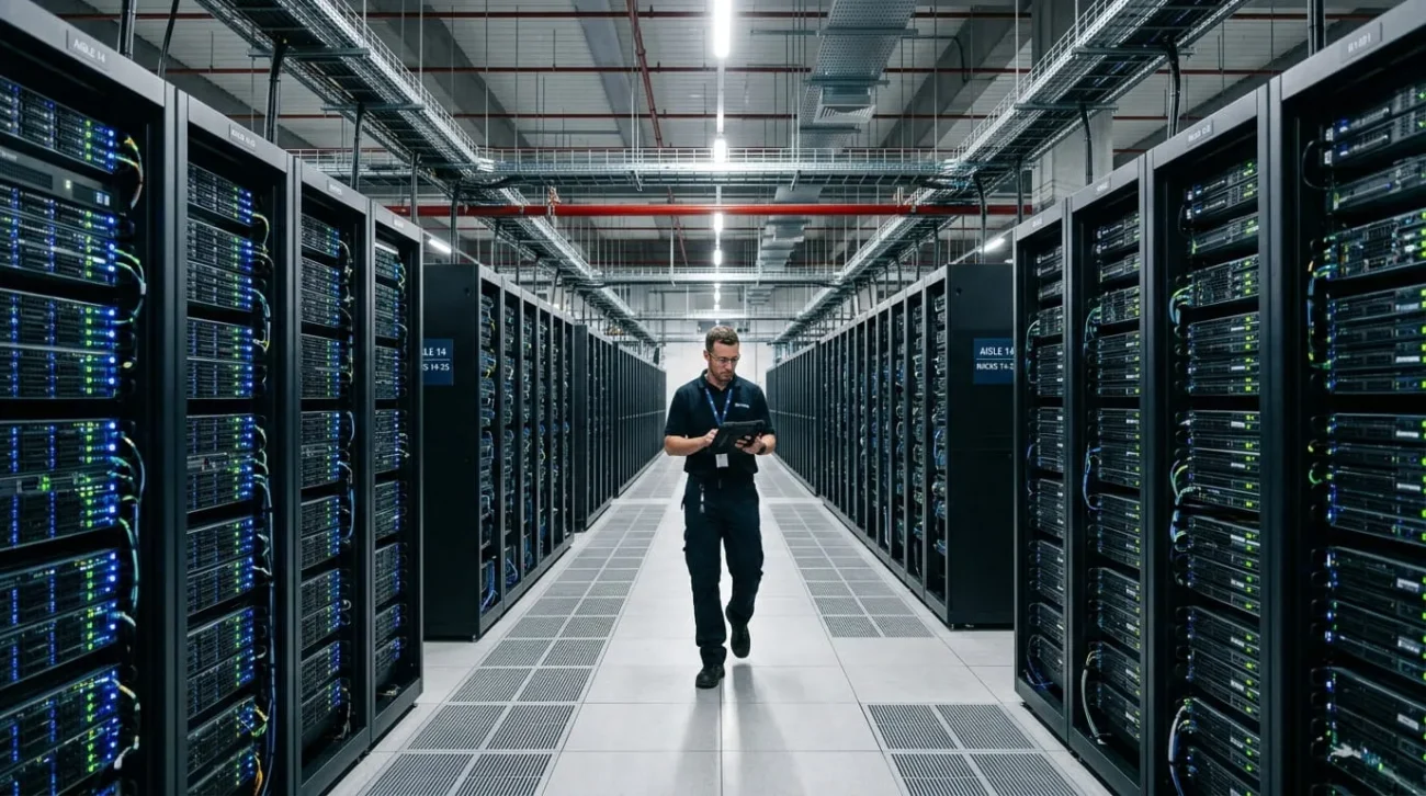Rows of server racks in a data center showing data center automation in action