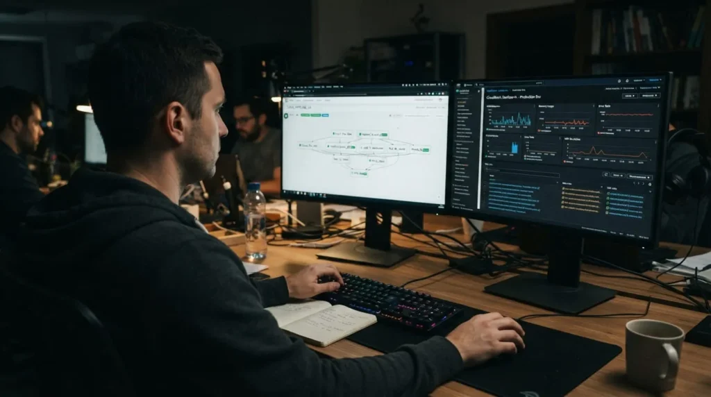 Data engineer monitoring a pipeline as part of the data engineering roadmap