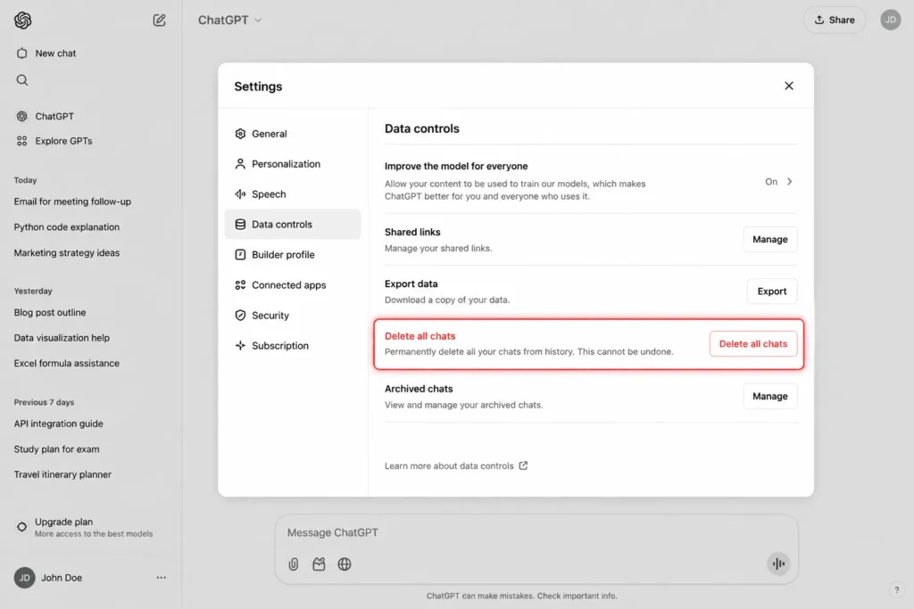 How to Delete All Chats in ChatGPT (Full Steps) 2 ChatGPT Data Controls settings page showing the Delete all chats button highlighted.