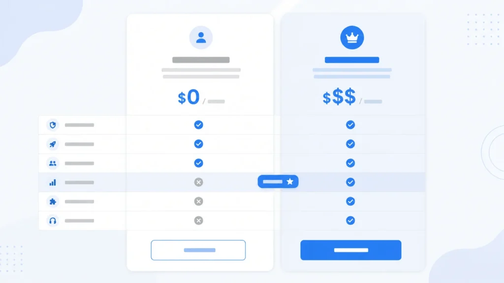 Flat vector mockup showing two pricing cards labeled Free and Pro with a highlighted feature comparison row in a minimalist SaaS dashboard design.