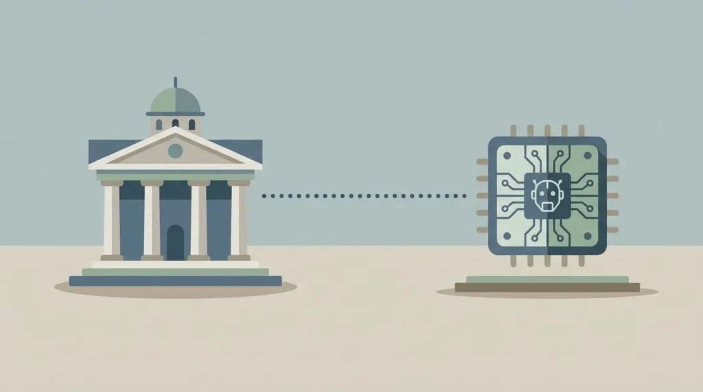 Courthouse and AI chip illustration representing ongoing legal debate over who owns AI generated content