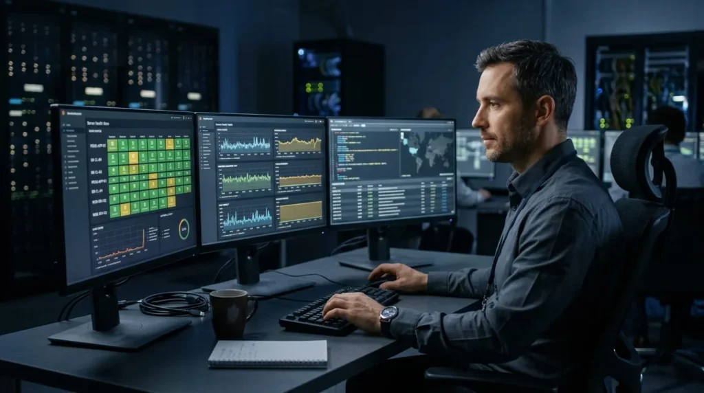 engineer reviewing monitoring dashboards used for data center automation