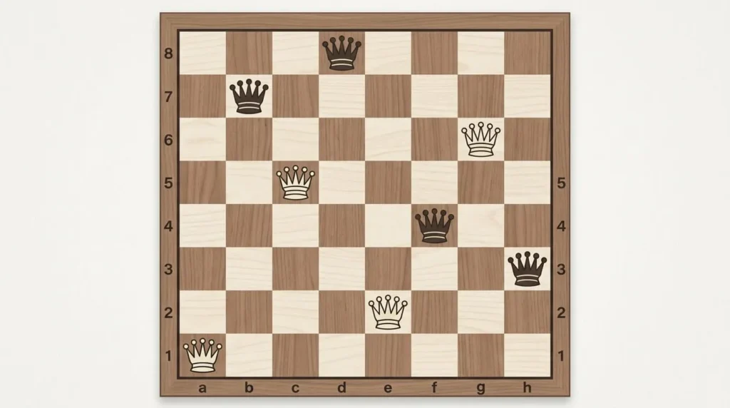Chessboard showing eight queens placed by a backtracking algorithm with no queens attacking each other