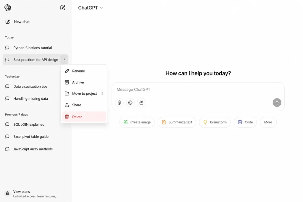 How to Delete All Chats in ChatGPT (Full Steps) 4 ChatGPT sidebar showing the three-dot menu with the Delete option selected for a single conversation.
