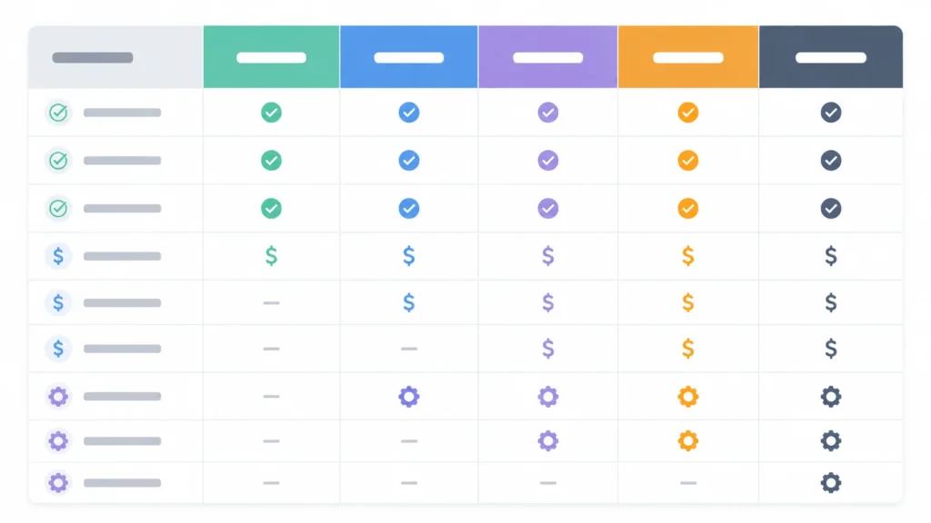 Flat-design infographic table with five comparison columns, placeholder headers, and feature icons including checkmarks, dollar signs, and gear symbols on a light background.
