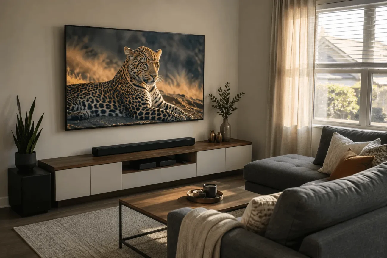 Samsung 65 inch smart TV mounted in a living room