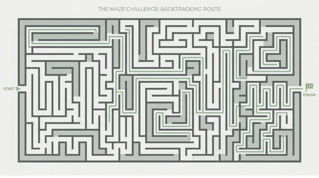 Maze diagram showing a backtracking algorithm retracing its path after hitting dead ends