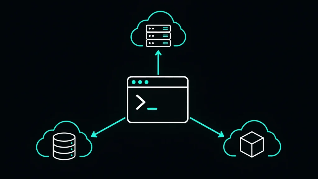 Minimal dark-themed technical diagram with a central terminal icon connected by arrows to three generic cloud and server icons in a clean line-art style.