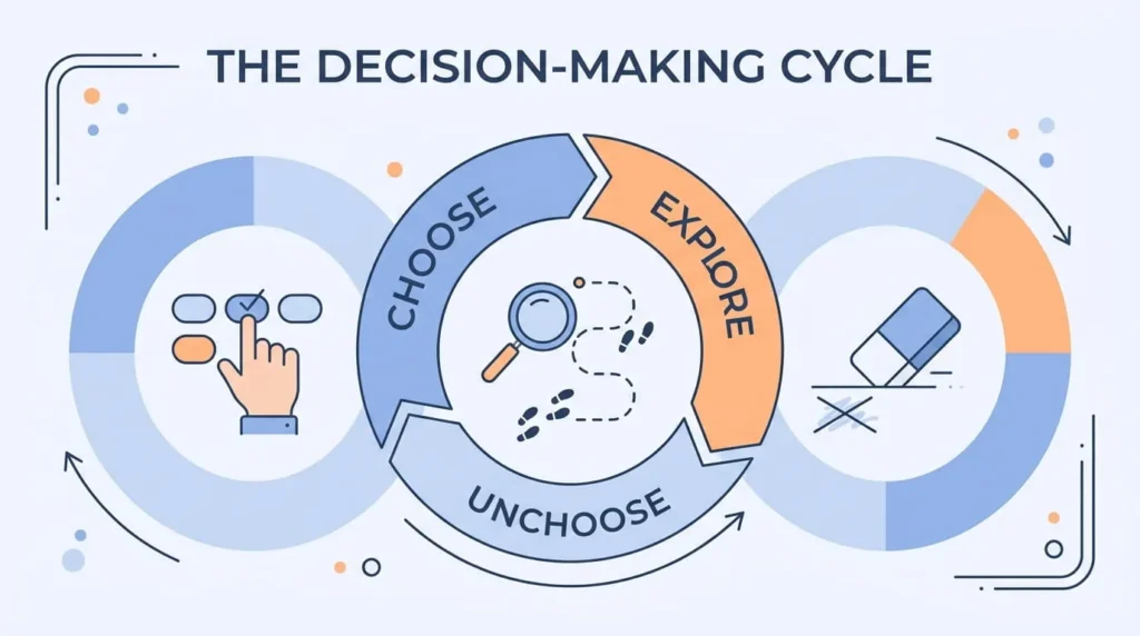Infographic illustrating the choose, explore, unchoose cycle used in backtracking algorithms