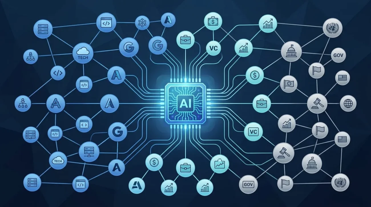 Illustration showing power over who owns AI spread across companies, investors, and governments