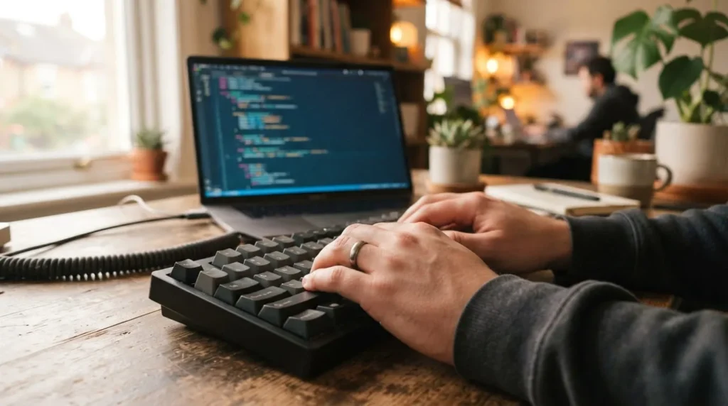 Developer typing on a keyboard with a laptop screen showing glowing code, representing AI-assisted coding with Claude, ChatGPT, or Gemini