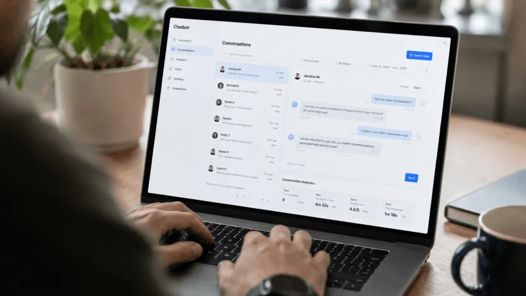 Reviewing chatbot vs live chat performance data on a dashboard