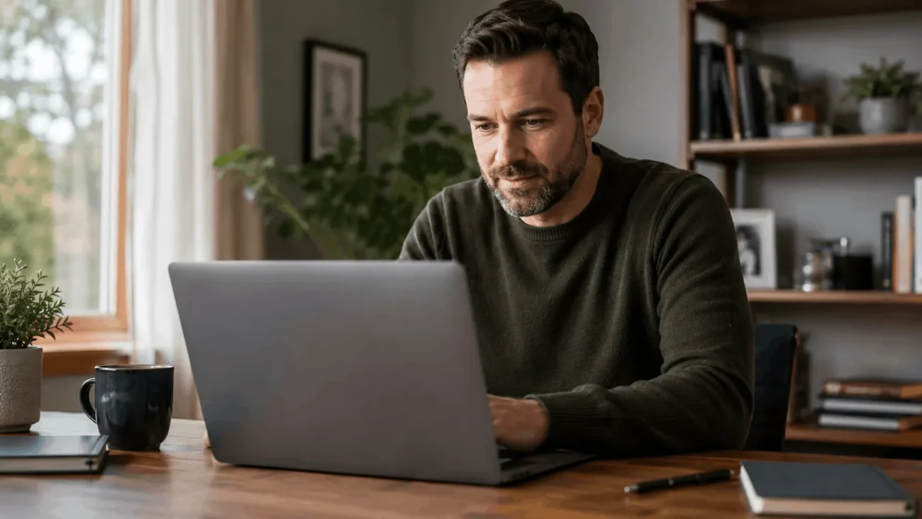 Business owner comparing chatbot vs live chat on a laptop