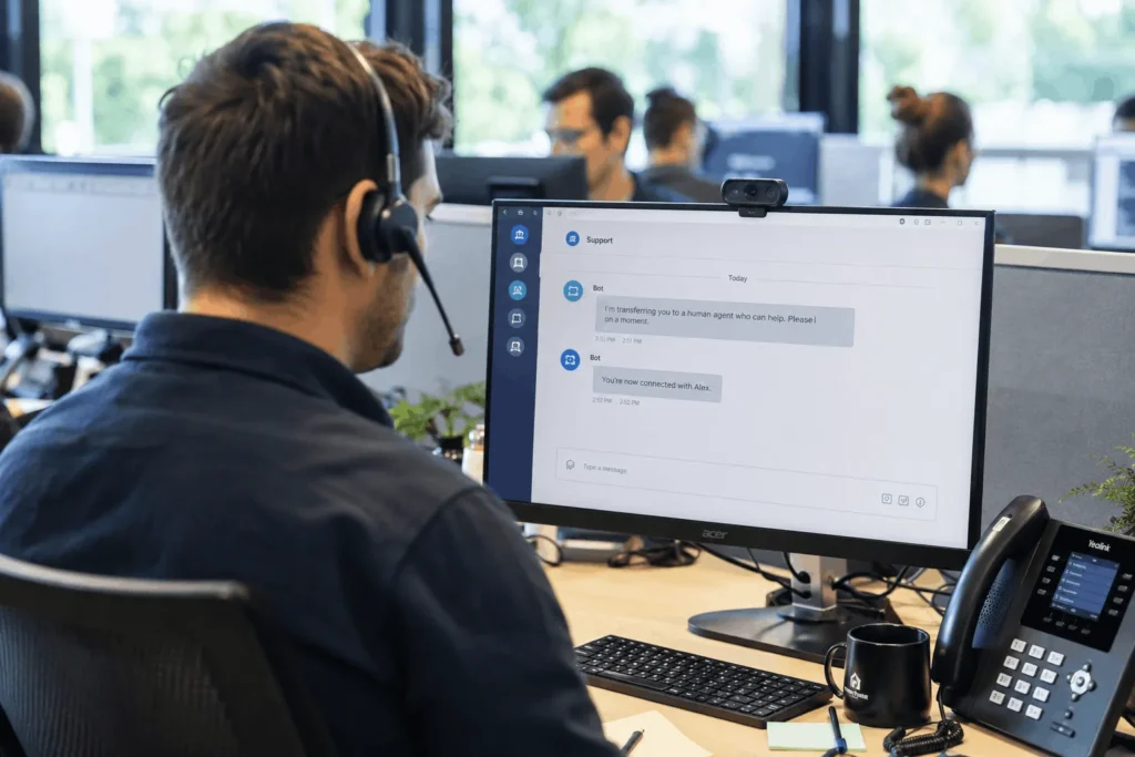 Support agent taking over from a chatbot in live chat