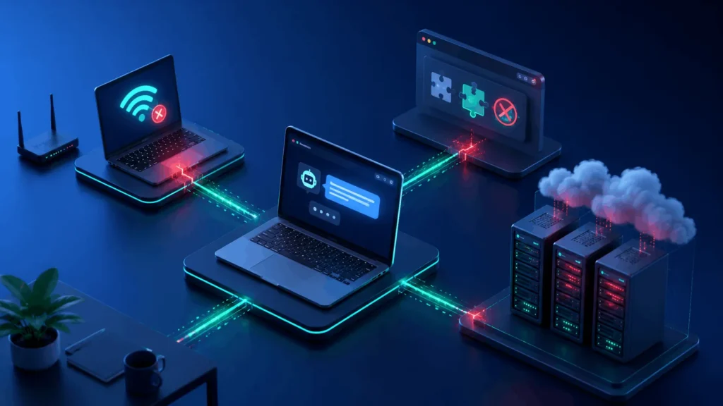Isometric technology illustration showing network instability, browser extension conflicts, and overloaded cloud servers causing ChatGPT message stream errors.