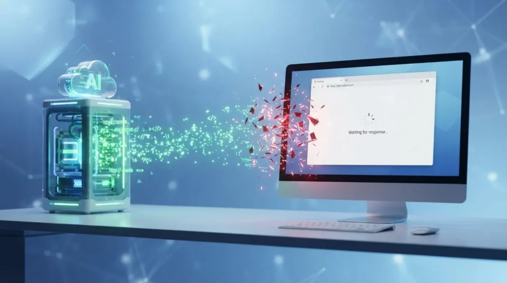 Modern 3D illustration showing an AI cloud server streaming data to a browser with the connection breaking before the response is completed.