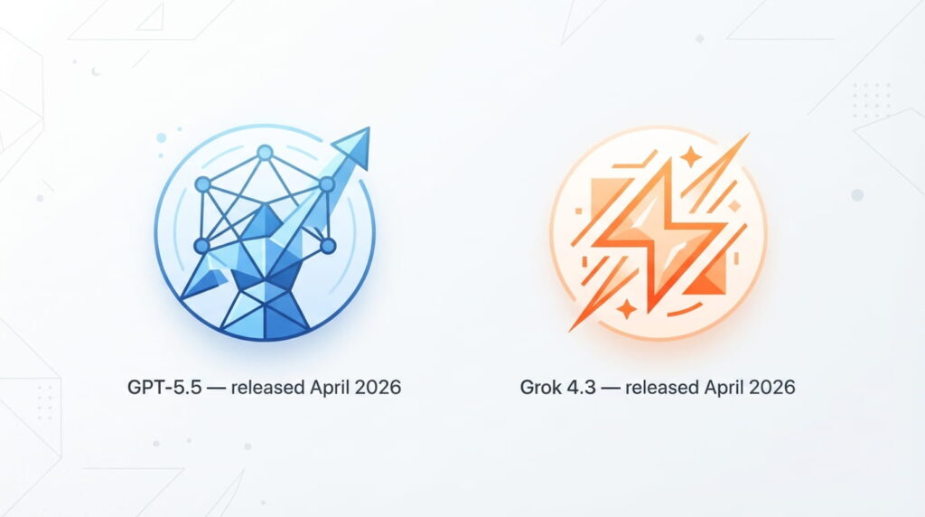 ChatGPT Error In Message Stream 2 Infographic showing ChatGPT GPT-5.5 and Grok 4.3 side by side with release information in a clean flat-design AI comparison illustration.