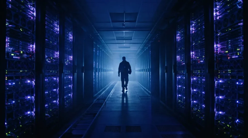 Engineer walking through a server room representing production Claude infrastructure
