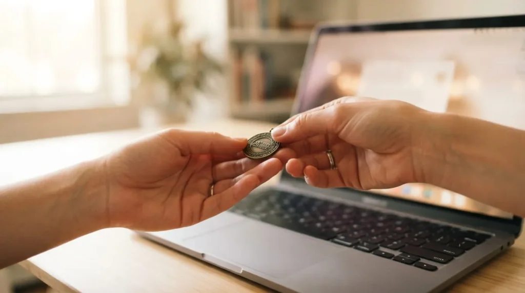 Close-up of hands exchanging a certification badge over a laptop