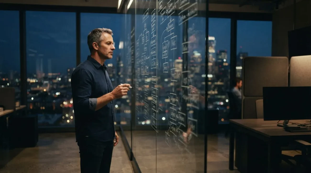 Solution architect at a glass whiteboard planning a production Claude application