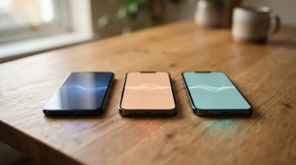 Three smartphones side by side with different colored glowing screens representing Claude, ChatGPT, and Gemini AI assistants