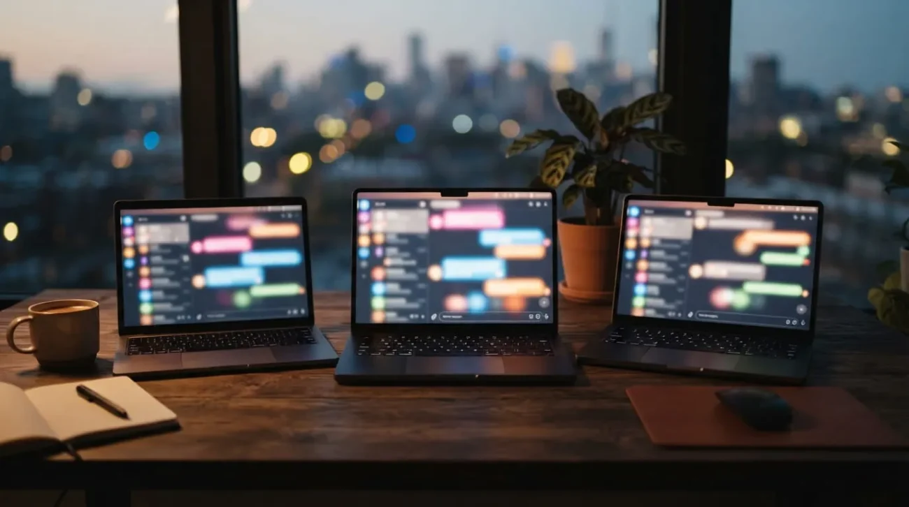 Three laptop screens glowing with abstract chat interfaces representing Claude vs ChatGPT vs Gemini comparison in 2026
