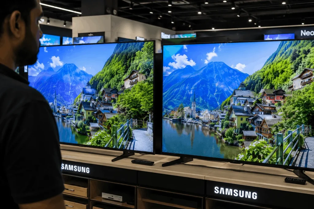 Comparing Samsung 65 inch smart TV models in a store Image
