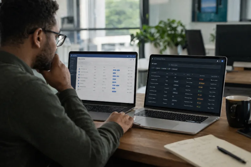 comparing data discovery tools side by side on two screens