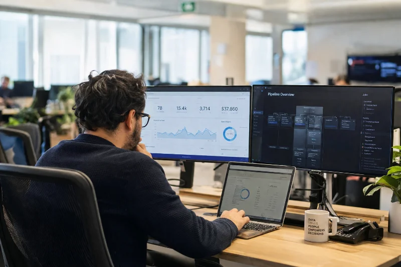 analyst using data management tools to monitor dashboards