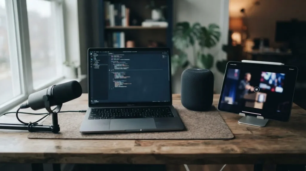 Desk setup with a laptop, microphone, speaker, and tablet showing paused video, representing multimodal AI features across Claude, ChatGPT, and Gemini