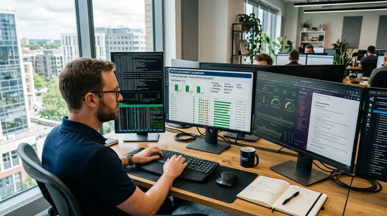 IT admin reviewing patch management tools dashboard