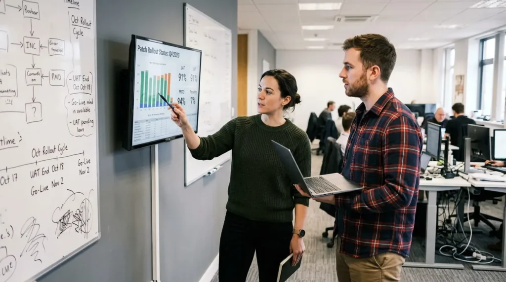 IT team reviewing results from patch management tools
