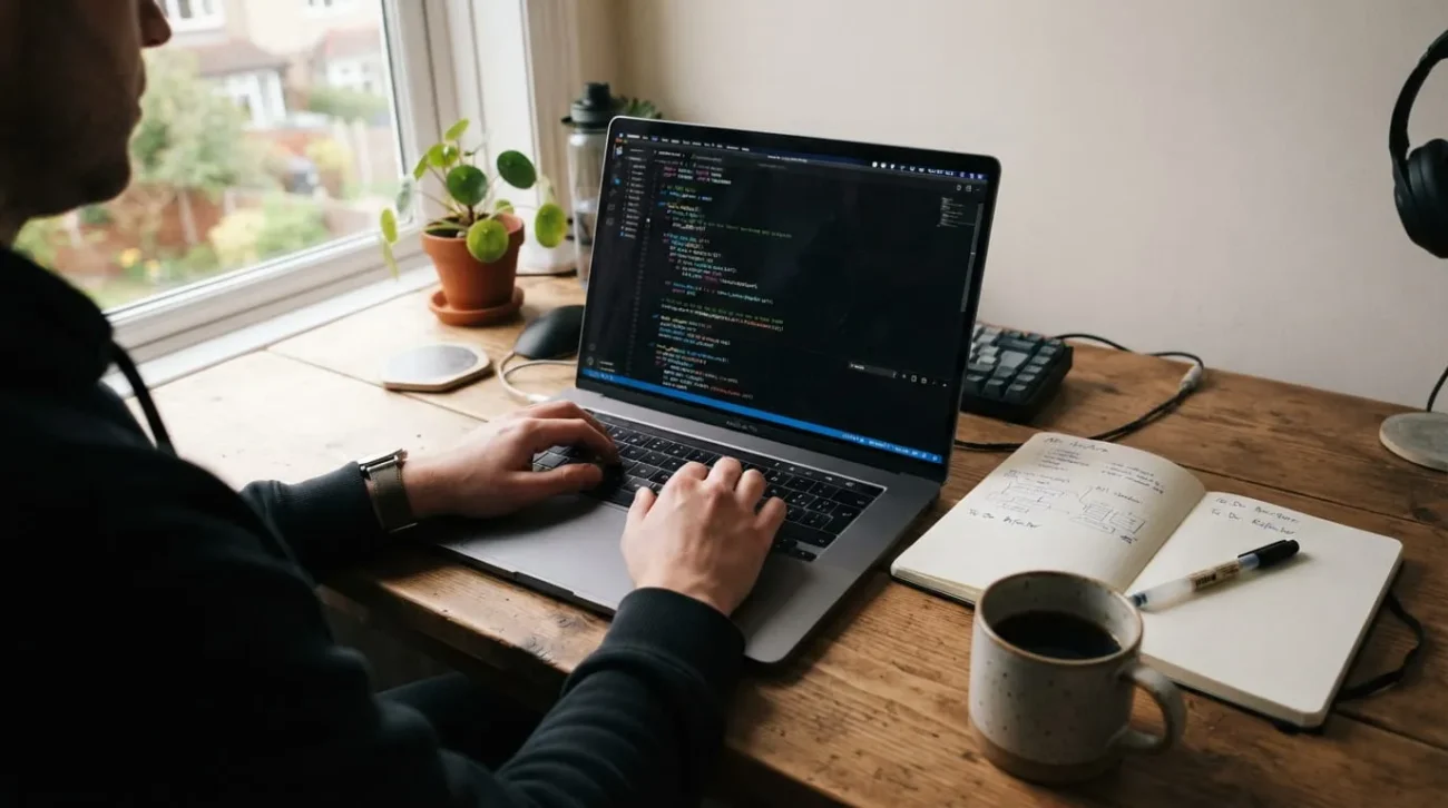 developer writing code that follows python best practices on a laptop
