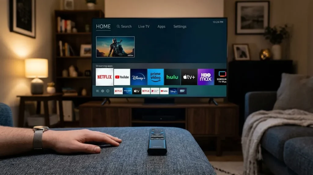 Samsung 65 inch smart TV Tizen home screen with streaming apps