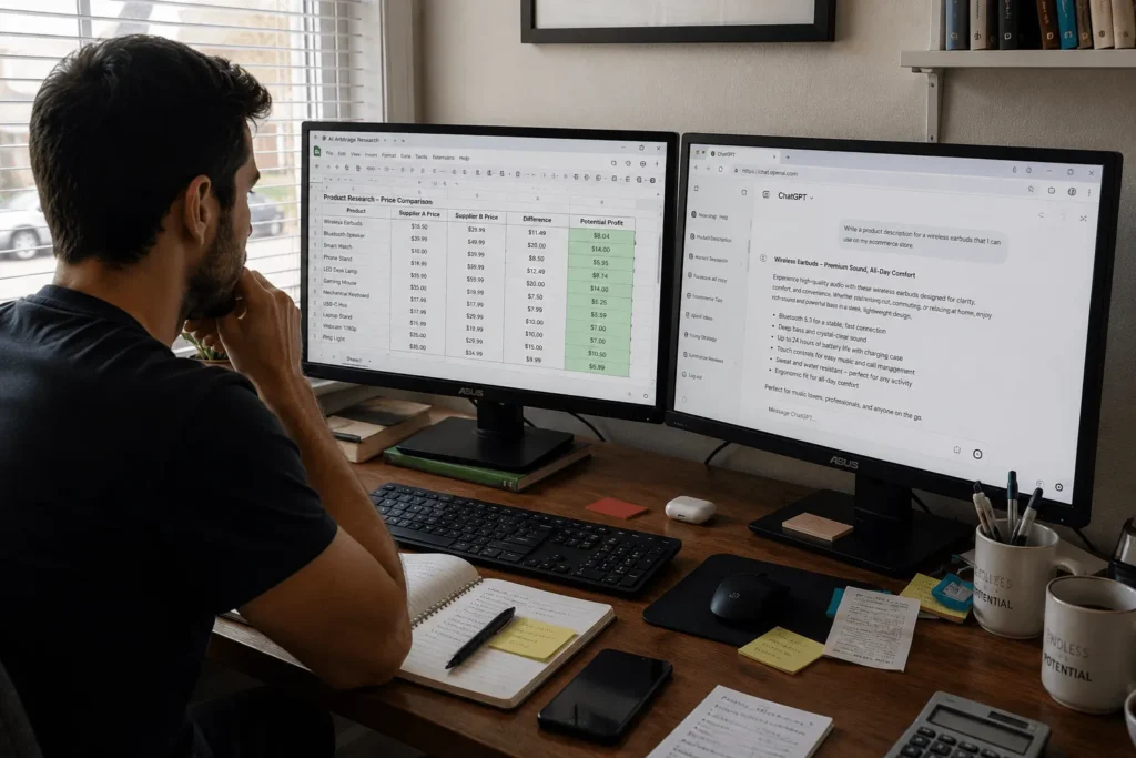 person comparing prices on two monitors while using ai arbitrage tools