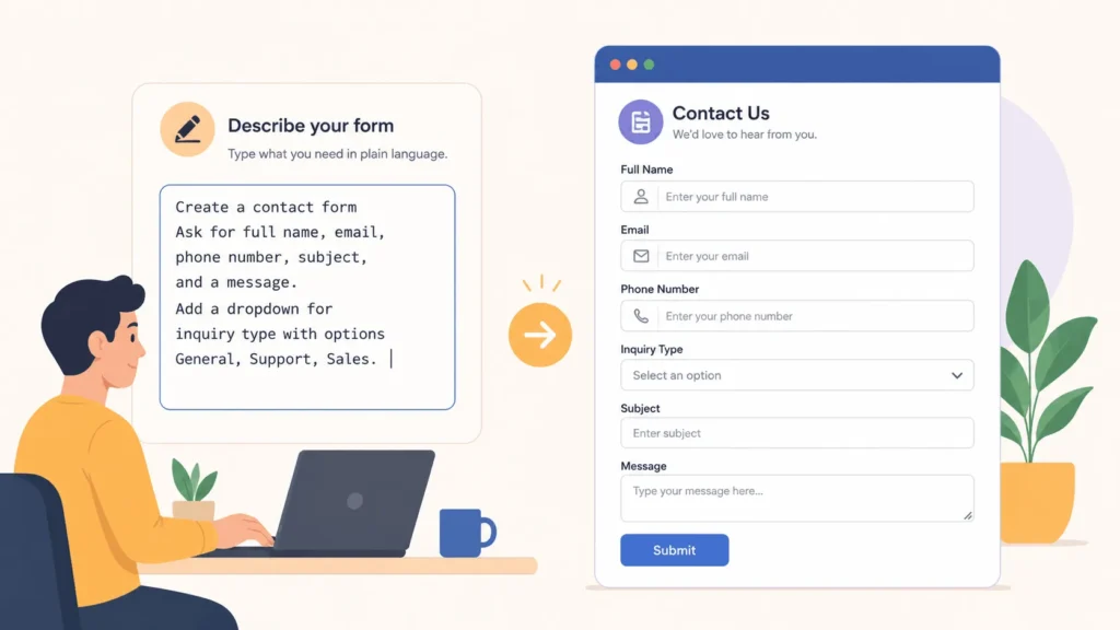 Illustration of an AI-powered no-code form builder turning a text description into a form