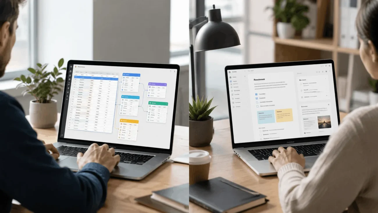 Split illustration comparing Airtable's database grid structure with Notion's nested document workspace