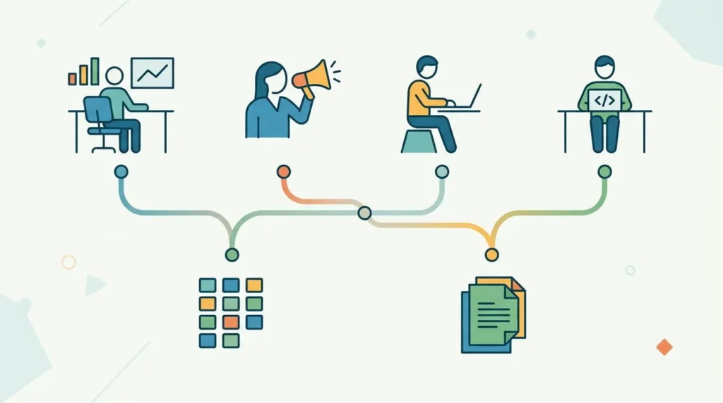 llustration showing how different roles choose between Airtable and Notion based on their workflow