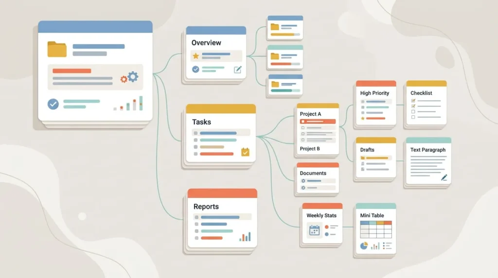 Illustration of a nested document workspace representing how Notion organizes pages and blocks compared to Airtable
