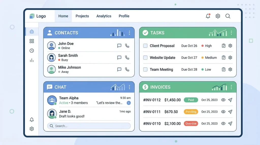 Illustration of a unified free business management software dashboard with contacts, tasks, and chat