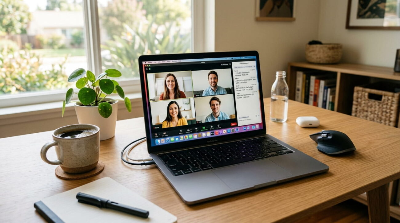 Laptop screen showing the best AI note taker generating a live transcript during a video meeting