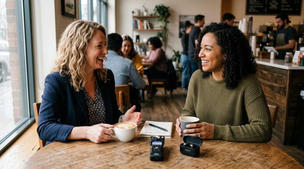 Two professionals at a coffee shop table using the best AI note taker to record an in-person conversation