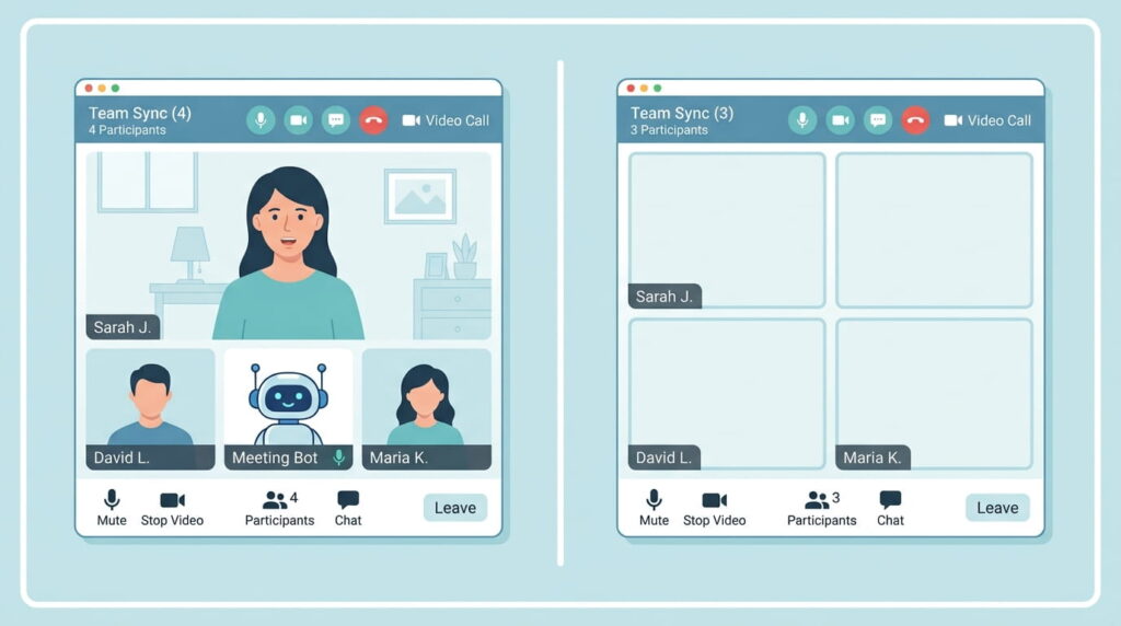Illustration comparing a bot-based best AI note taker joining a call versus a bot-free option recording silently