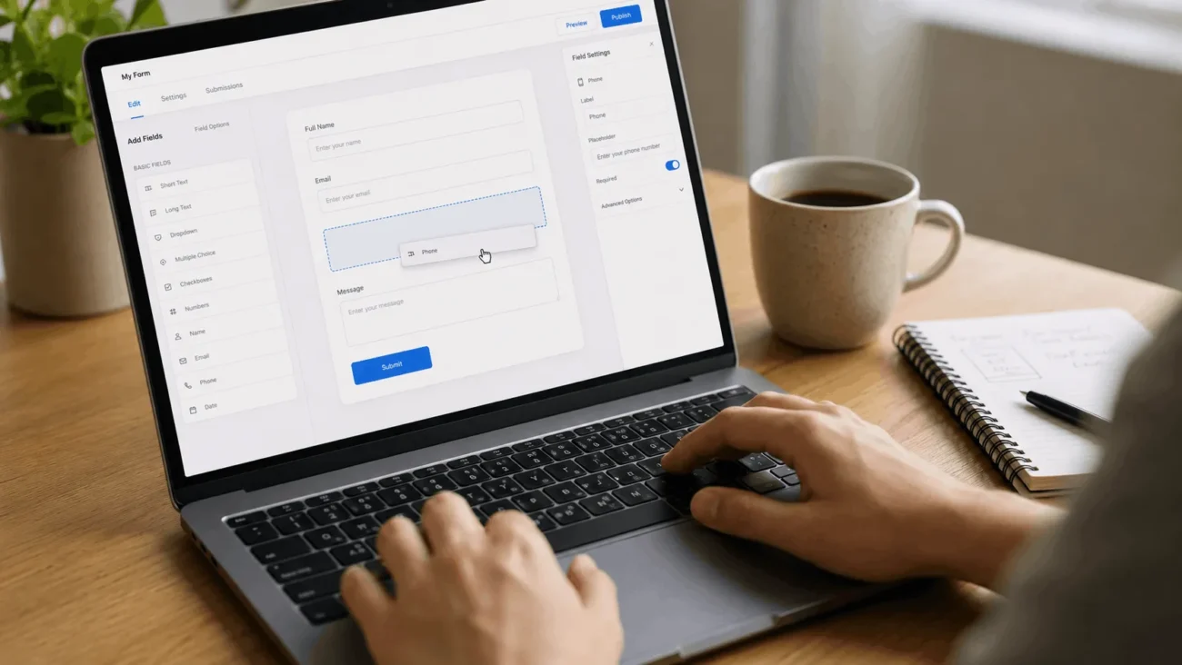 Person dragging a field into place inside a no-code form builder on a laptop